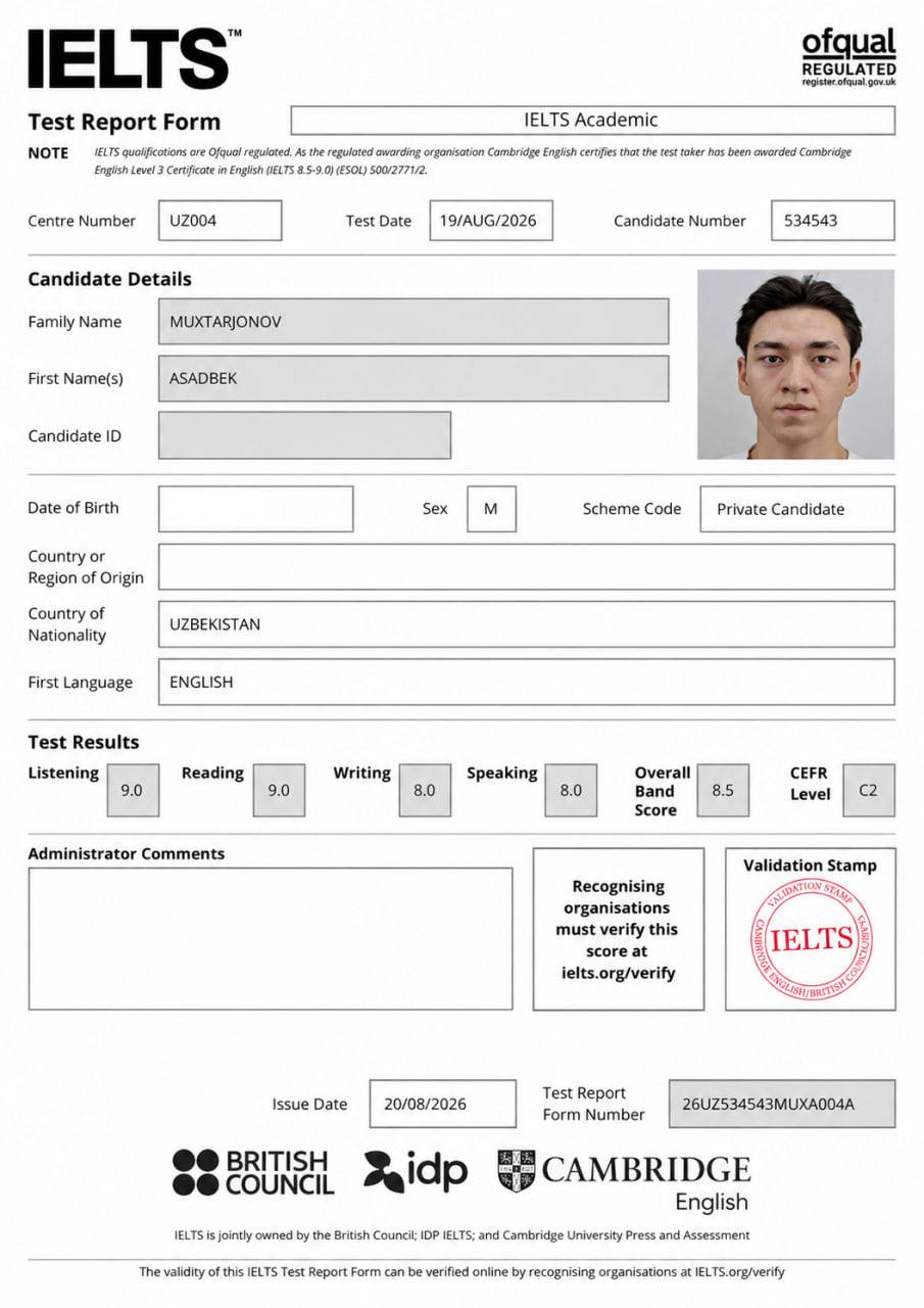 Asadbek Muxtarjonov IELTS Test Report Form