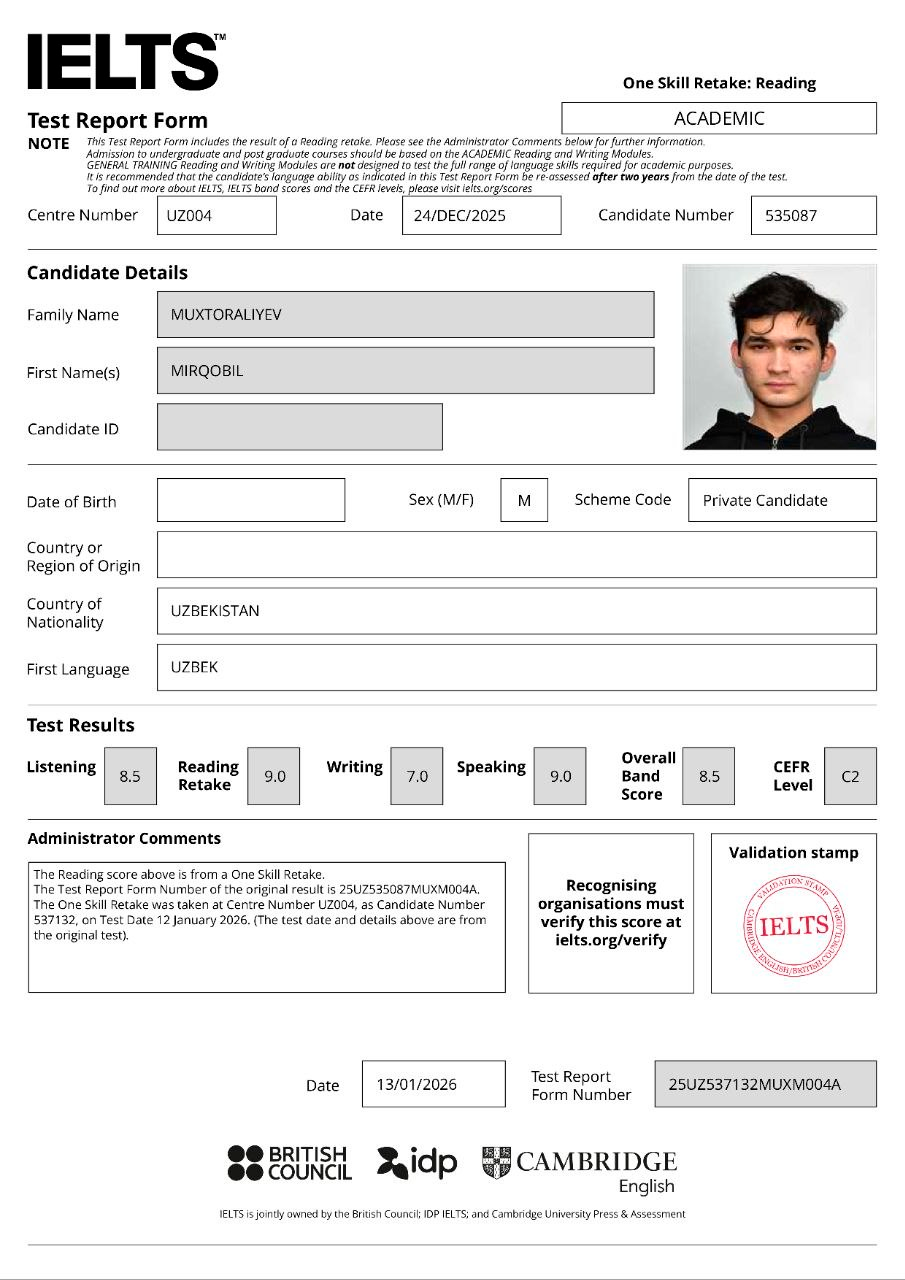 Mirqobil Muxtoraliyev IELTS Test Report Form